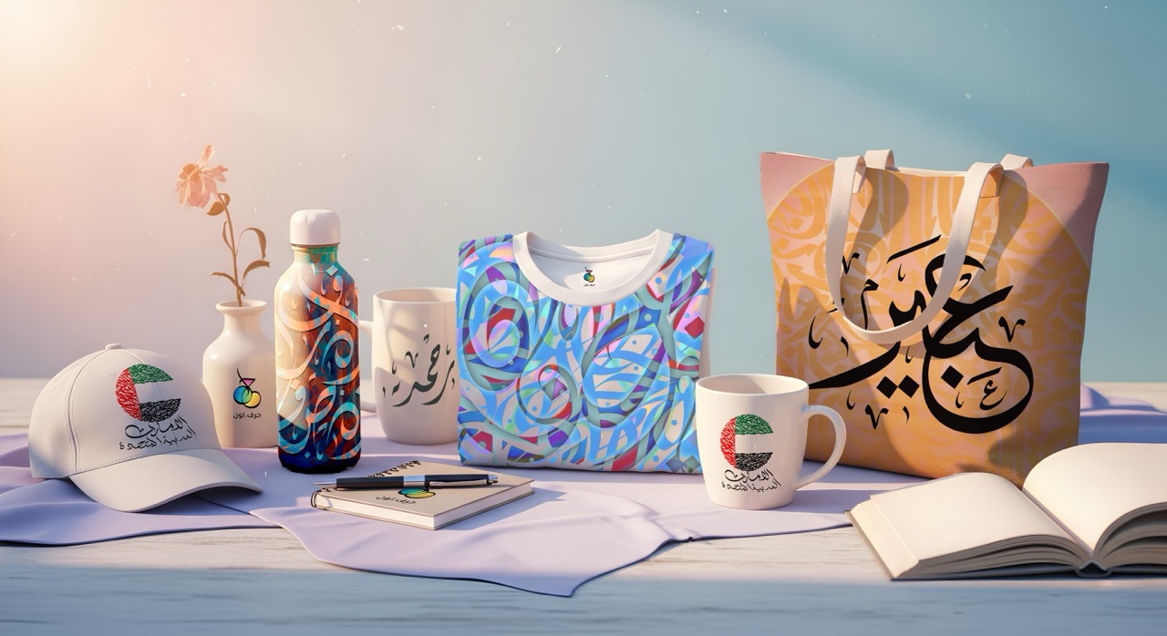 Termo, taza y tote bag de Lugatuna con la caligrafía árabe حُبّ